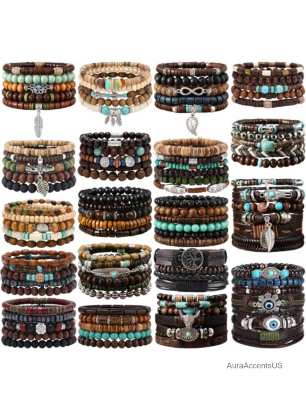 Boho Turquoise Braided Leather Bracelets 100 Pcs Wooden Beads Wrap Cuff for Men